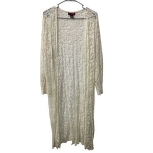 Say What? Womens Plus 2X Floral Lace Duster Cardigan Cream Open Front Longline